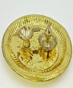 SHLINCO SHLINCO Pooja Thali Set , Contains 1 Brass Diya ; 1 Brass Agarbatti Stand And 1 Brass Pooja Thali with Om Embossed On It ( Pack Of 3) Brass (3 Pieces, Gold)