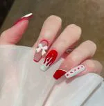Secret Lives Acrylic Press on Artificial Designer Fake Nails Extension 3D Bow Nude White and Movish Red 24 pcs Set with Kit
