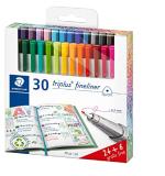 Staedtler Triplus Triangular 0.3mm Fineliner 334 C30P Pen in Cardboard Box, 30 Shades