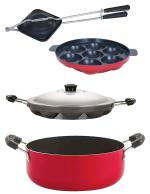 Nirlon 4 pcs of Red, Black Non-stick Aluminium Kitchen Cookware Set with Bakelite Handle Standard