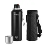 Cello Duro Tuff Steel Series- Flip Double Walled Stainless Steel Water Bottle with Durable DTP Coating, 1500ml, Black