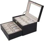 FlyKonix-PU Leather 20 slots Watch Case for Men Women Double Layer Watch Box Organizer (Black)