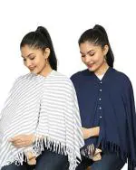 nene Breastfeeding Multi Purpose Scarf The Jersey Cotton Nursing Shawl, Breathable Breastfeeding Cover- Pack of 2 Large Size 180cmX55cm (Navy) (Grey-Navy)