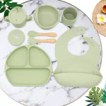LITTLE CURIOUS Complete Baby Feeding Set: Weaning Tableware Dinner Utensils with Baby Plates, Bowls, Spoons, Bib,Cup BPA-Free Silicone in Olive Green
