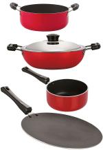 Nirlon 4 pcs of Red and Black 3 Layer Non-stick Aluminium Coated Odour Free Kitchen Cookware Combo Set, Standard