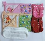 Maalove Combo of Baby Bath Towel with Waterproof Mattress Protector Sheet Pink Green 2 units and Cloth Diapers Pink Red with White Pads Pack of 2