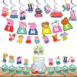Festiko 28 Pcs Peppa Pig Theme I Am One Banner, Cake Cupcake Toppers, Swirls With Cutouts, I Am One Birthday Combo Decoration, Peppa Pig Party Decorations, Peppa Pig Theme Supplies