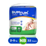 Bumtum Super Soft Open Tape Baby Diaper Pants (NB, 32 Count, Pack of 1)