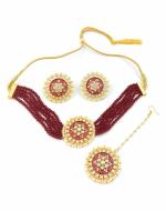 Bella Store Women Maroon Brass Meenakari Kundan Necklace, Mangtika and Earrings