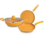 Bergner Yellow Aluminium Non Stick 4 piece Cookware Set,Kadhai with Glass Lid 24cm, Dosa Tawa 28cm, Frypan 24cm