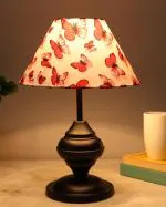Homesake Black Metal Table Lamp with Fabric Shade, B22 holder, Urn, Printed butterfly