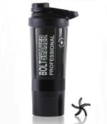 Zyro Bolt Professional Protein Shaker Bottle with 2 Storage Compartments - Shaker for Protein Shake and Gift for Men & Women BCAAs & BPA Free, 600 Ml Shaker bottle (Color-Black, Plastic, Pack of 1)