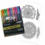 PASS & PLAY Color Gel Neon Pen Set Multicolor Ballpoint Pens for Coloring, Painting & Doodling for Kids and Adults + Free Designing Mandala Art Colouring Sheets Kit (12, Mandala Art)