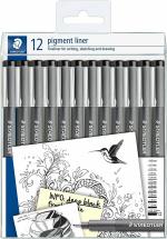 Staedtler Pigment Liner 308-9 TB12 Black Ink Calligraphy Fineliner Pen - 12 Different Line Widths