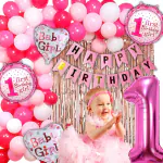 House of Banter 1st Birthday Decorations for Girls - 60pc Balloons, 1 Pink Happy Birthday banner, 1st birthday girl foil balloon Set of 5, 2pc Rose Gold Curtains ( Pink First Theme Birthday Decoration for Girls )