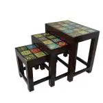 Lucky Art Ceramic Nesting Stools For Living Room,Ceramic Tile & Wooden Tables, Wooden Stools,Stool Set Of 3,Living Room Furniture