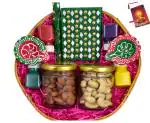 MANTOUSS Diwali dry fruits/Diwali gift items/Diwali gift box/Diwali gift hampers-Decorated basket+200gms dry fruits in glass jar(Almonds,Cashews)+2 diya+showpiece figurine+rangoli colours+Diwali greeting card