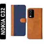 Knotyy Nokia C32 Blue and Brown Faux Leather Back Cover Flip Cover (Pack of 1)