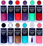 Makeup Mania HD Color Nail Polish Set of 12 Pcs (Combo MM-142) Dark Pink Sparkle, Blue Glitter, Orange, Purple, Light Green, Maroon, Black, Silver, Golden, Turqoise, Top Coat, Pink (Pack of 12)