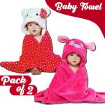 Pandaoriginals Dark Pink, Red, White Fleece Bath Robes for Baby Boys and Girls (Free size) Pack of 2