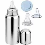 PGD Plain Silver Stainless Steel Baby Feeding Bottles with Plastic Travel Cap, Sipper and Nipple (0-24 months) -300 ml
