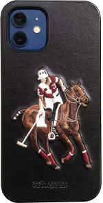 ICREATION Apple Iphone 12/12Pro(6.1) ,Santa Barbara Branded Jockey Series,Leather Case Embroidery Work-blk Black Back Cover