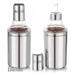 LIMETRO STEEL Stainless Steel Nozzle Oil Dispenser 1 Litre Oil Container Oil Pot Oil Can Oil Bottle without Handle Pack of 2