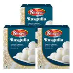 BFP SHAGUN Rasgulla 3Kg (1Kg Pack of 3) | Authentic Indian Sweet Rich Flavor, Creamy Texture Rasgulla | 20 Pieces In 1 Tin with Sweet Syrup | Made with Sugar, Milk Solid | Saffron Flavor Shagun Rasgulla