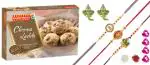 Feastive Celebrations Bikanervala Churma Laddu With 3 Mayur Nritya Rakhis, Pair Of Soan, Pooja Rakhi, Kesar And Chawal, 400 Gm (Set Of 4)