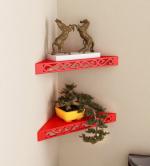 Home Sparkle Red Wood Triangular Corner Wall Shelves For Living Room (Set of 2) 40.6X29.2X5.7 cm