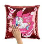 ASHVAH Pink and Red Satin Kanchana Name Unicorn Sequins Magic Cushion Cover with Filler 40 x 40 cm