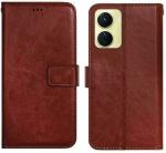 AmericHome Vivo Y16, V2204, V2214 Brown Artificial Leather Mobile Flip Cover