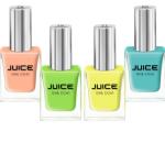 JUICE ONE COAT NAIL PAINT COMBO BUTTERFLY YELLOW - 77, MACARONI ORANGE - 78, ELECTRIC LIME - 79, BLUE BUBBLE - 80 LONG LASTING 11ML EACH PACK OF 4