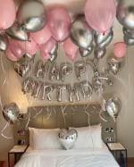 SPECIALYOU.IN Pack of 29 Pink, Medium silver Heart Foil Balloon & silver chrome Happy birthday DIY kit Sliver Ribbon for decoration with Sliver HBD Foil Balloon, birthday decorations for girls