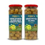 Abbie's Green Stuffed Olives (450 g) + Green Pitted Olives (450 g), Pack of 1 Unit Each, Product of Spain, for Authentic Taste in Cooking, Snacking, Pizza toppings or Italian Pasta Ingredient