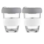 P-Plus International Reusable Coffee Cup, Sustainable Travel Coffee Mug with Lid and Silicone Sleeve, 350ml Portable Drinking Cup (White, Pack of 2)