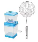 BLUE WONDER Vegetables Plastic Onion Chopper With Stainless Steel Deep Fry Strainer and (Multicolour, Pack of 2)