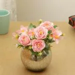 BS AMOR Handmade Glass and Polyster Artificial Flower Bunch with Glass Vase Flower Arrangement (Marigold Mala)