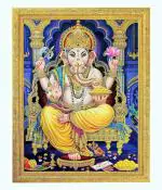 BM TRADERS Shree Ganesha Golden Zari Art Work Photo in Golden Frame Big Religious Wall Decor (14 x 18 inch)