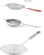 Wofier Stainless Steel Soup And Juice Strainer 16 cm And Tea Strainer Chalni 9 cm With Stainless Steel Deep Fry Strainer Puri Strainer - Pack Of 3