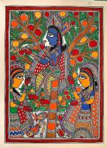 ARTEASTIC Hand Made Hand Painted multi colour Madhubani Painting | Shri Krishna and Gopi | on paper canvas | wall décor, eco friendly gift idea|Unframed 22