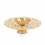 Ein Sof Crystal Akhand Diya Decorative Brass Oil Lamp Tea Light Holder Lantern Puja Lamp for Home Office Gift Pooja Articles Decor, Lotus Shaped 6 inch Diya Lantern (Gold and White)