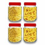 CROCO JAR Kitchen Container Storage Glass Jar Round Air-Tight Jars With Plastic Red Lid 500Ml Perfect For Dry Fruits, Biscuits, Cookies & Candy'S, Spices, Flacks, Pickles (4)