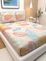 Athom Living Premium, Edequate Cream with multi-coloured leaf printed designed Bedsheet with 2 Pillow Covers