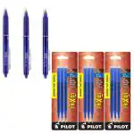 Pilot Frixion Clicker Erasable Roller Ball Pen and Refills | Tip Size - 0.7 MM | Retractable Pen With Dimpled Grip and In-built Eraser | Ink Colour - Blue - 3 Pens and 6 Refills | Pack of 9