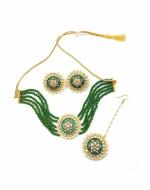 Bella Store Women Dark Green Brass Handmade Meenakari Kundan Round Pearl with Mangtika and Earrings