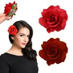 LYKAA Hair Accessories For Women & Girls - Stylish Artificial Rose Artificial Flowers Bun Juda Clips for Style & Decoration -Handmade Bridal Brooch & Braid for Hairstyle of Bride, Wedding & Party (2 Pcs,Red/Mehroon)