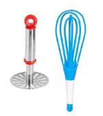 URBAN BUY Stainless Steel Pav Bhaji Masher With Solid Plastic Whisk, Egg Beater and Multicolour, Pack of 2