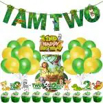 Zyozique Jungle Theme 2nd Birthday Decoration Kids,I AM TWO Banner with Latex Balloons, Cake Topper and Cup Cake Topper for Baby Boy or Girl Birthday (Pack of 37)