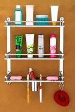 CSI INTERNATIONAL Stainless Steel 3 Layer Multipurpose Bathroom Shelf with Double Soap Dish and Tumbler Holder Towel Holder